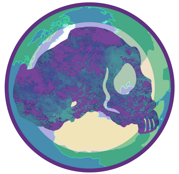 Purple and blue neanderthal skull against a depiction of earth with a purple outline