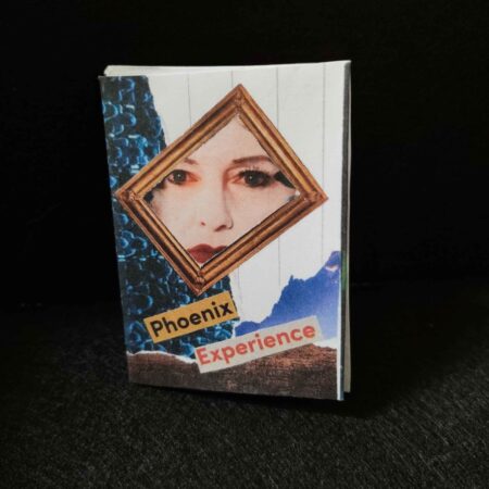 a small folded zine with a face looking through a picture frame and two cut out words reading phoenix experience.