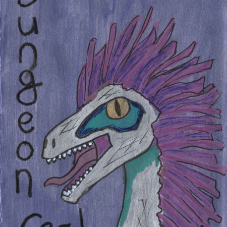 Velociraptor with pink feathers, title reading dungeon crawler carl fan zine