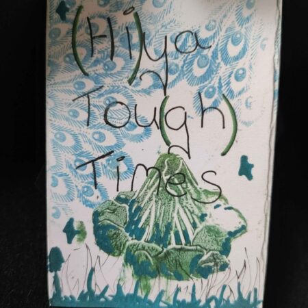 a zine with blue feather background, a green campfire, and green grass, reading hiya tough times. the h i and g h are in brackets.